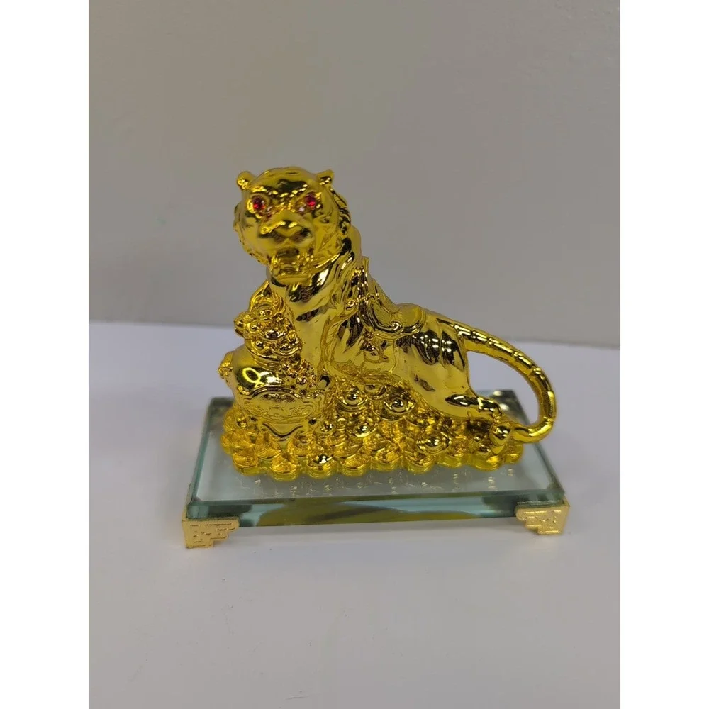 Feng Shui Gold tiger on Glass base‎ statue home decor